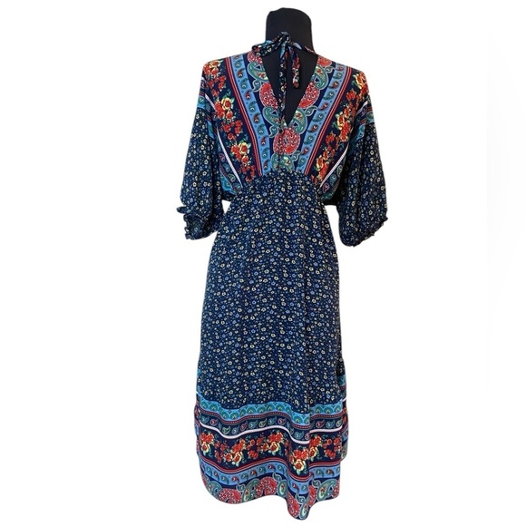 Blue Floral V-Neck Short Sleeve Dress Medium - Picture 7 of 14